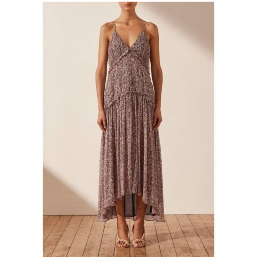 Shona Joy long ruched chiffon dress in Rouge Multi